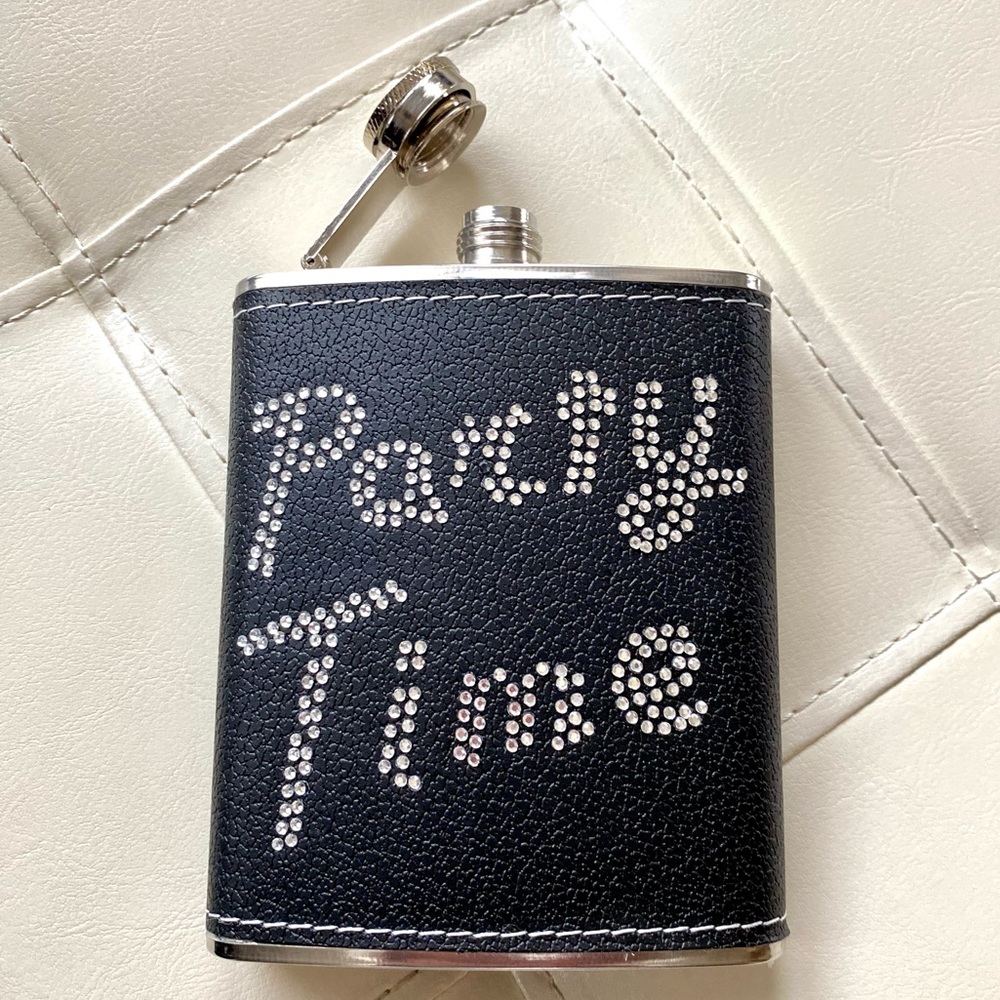 Flask  Stainless 6 OZ Party Time Silver Black embellished sparkling